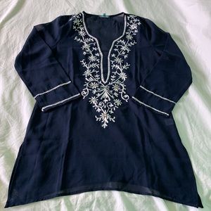 Navy and White Embroidered Cover-Up